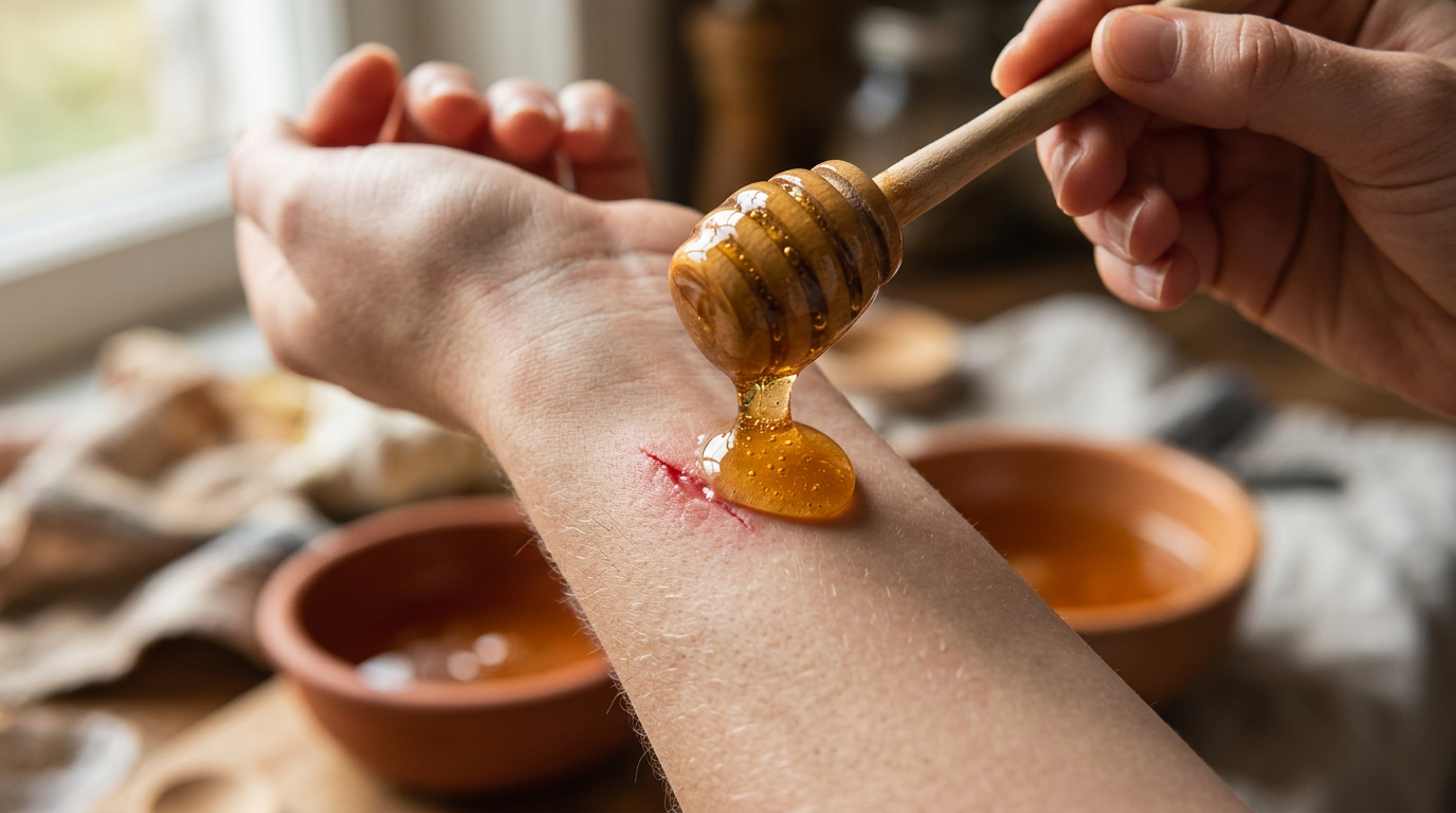 Raw honey from a wooden dipper drizzled onto a small cut on an arm, with bowls of honey in the background