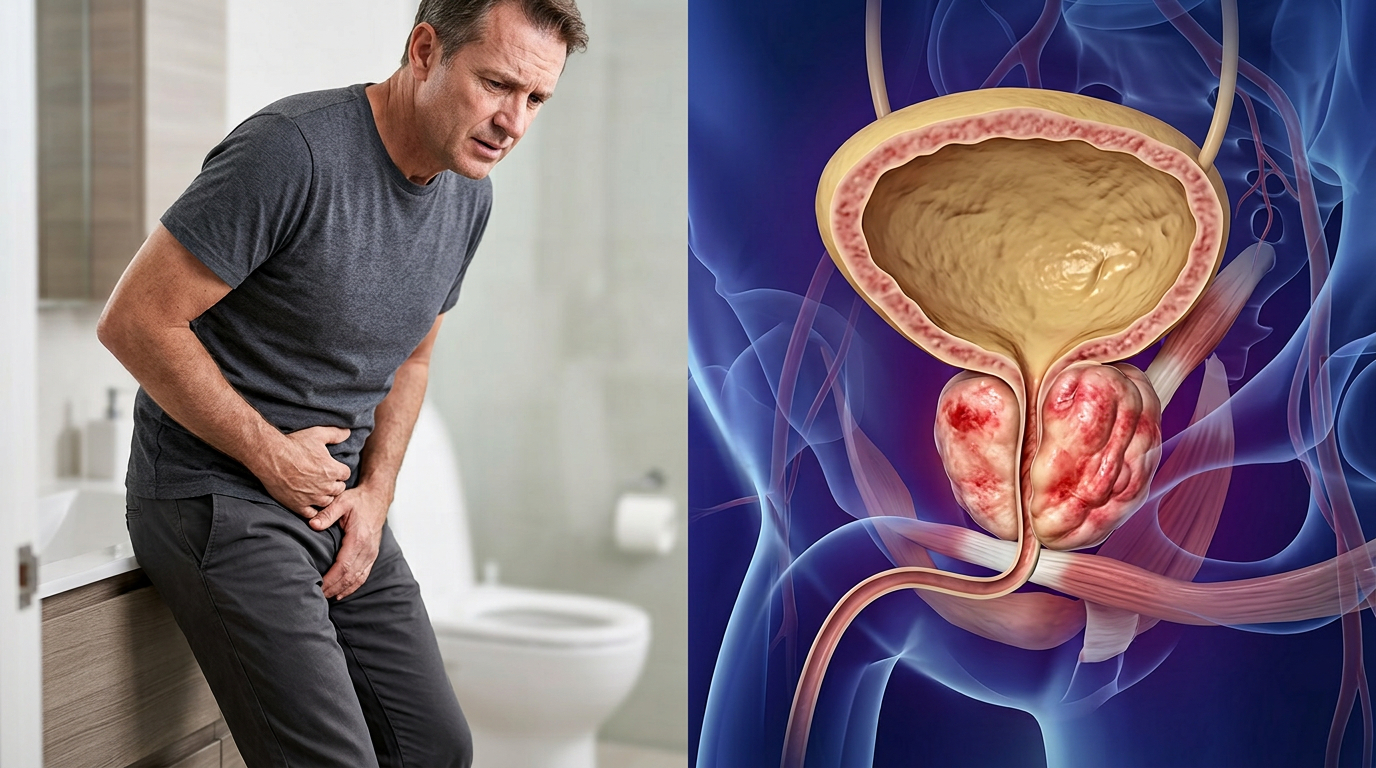 Split image of a man holding his lower abdomen in discomfort next to a medical illustration of an enlarged, inflamed prostate gland pressing on the bladder