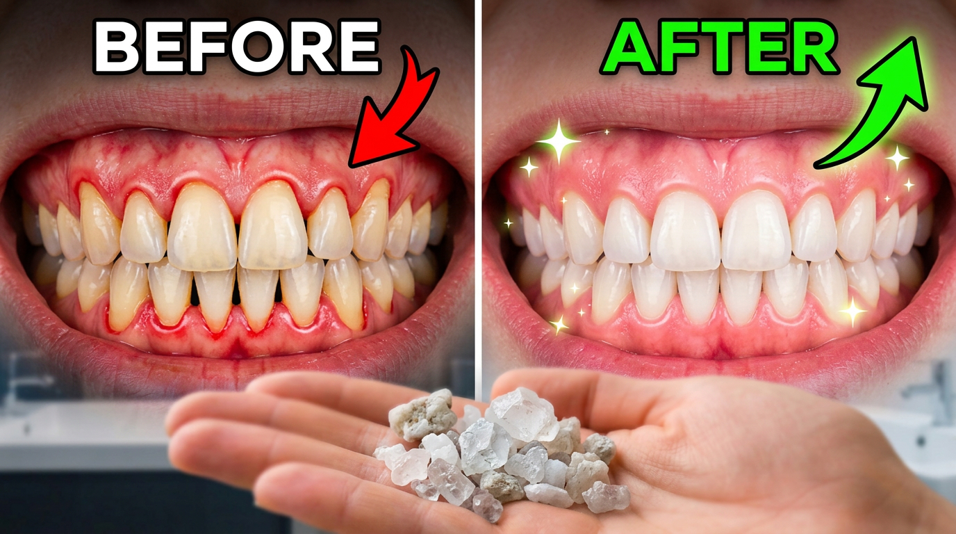 Before-and-after comparison of receding, inflamed gums versus healthy pink gums, with a hand holding white mineral crystals