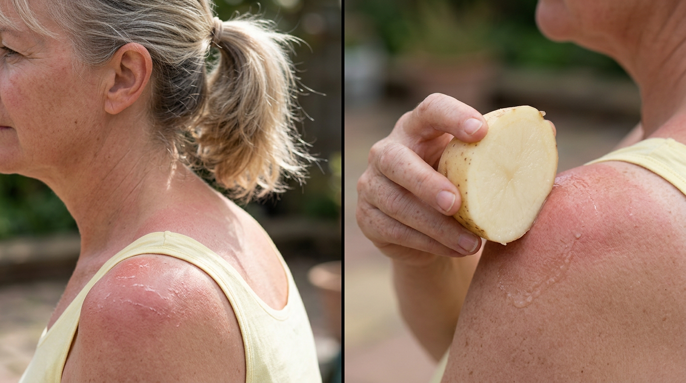 A woman rubbing a fresh potato slice on a red sunburned shoulder