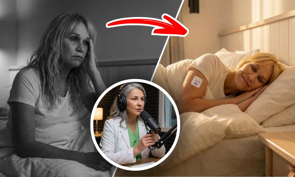 Split photo: an exhausted woman sitting awake in bed at night on the left, a red arrow, and the same woman sleeping peacefully with a small patch on her arm on the right, with a doctor speaking into a podcast microphone in a circular inset