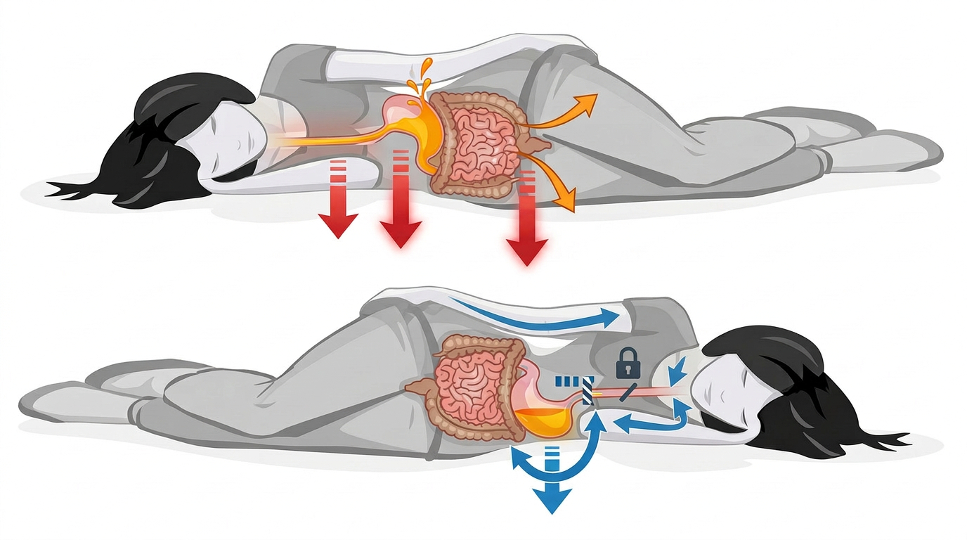 Diagram comparing sleeping on the right side, where stomach acid flows up into the esophagus, with sleeping on the left side, where a valve keeps acid locked in the stomach