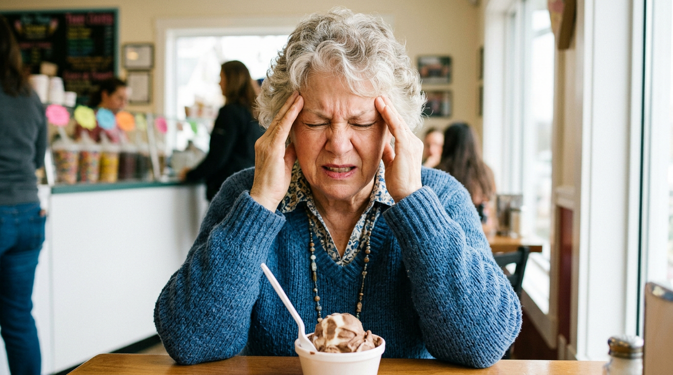 Woman wincing in pain and holding her temples while eating a bowl of ice cream
