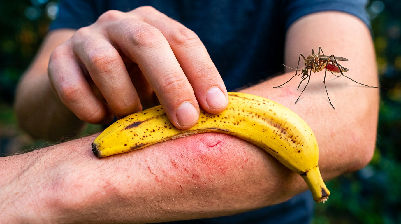Rubbing the inside of a banana peel on a red, itchy bug bite on an arm, with a mosquito nearby
