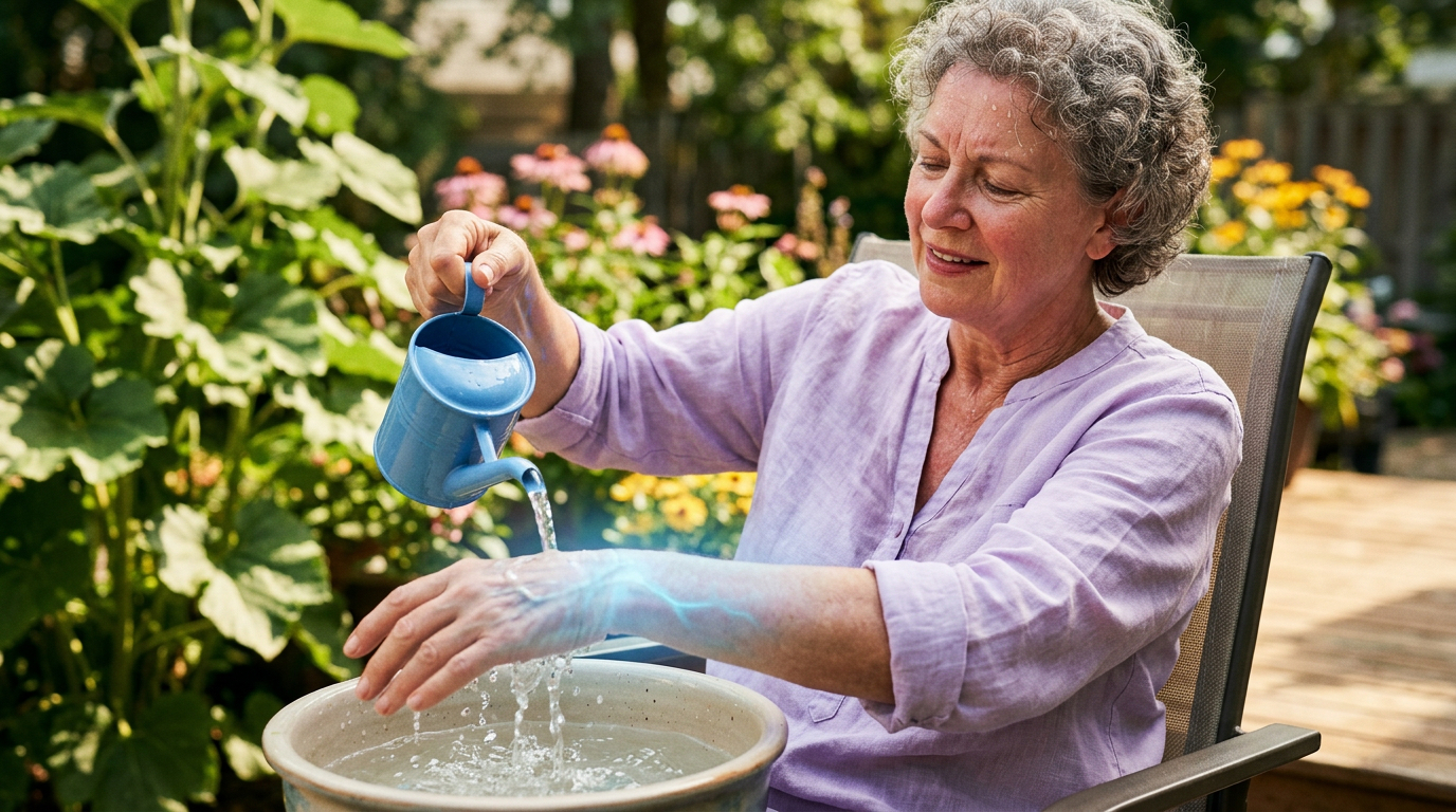 Pouring cold water from a blue jug over the wrists of a woman sitting outdoors, cooling her pulse points