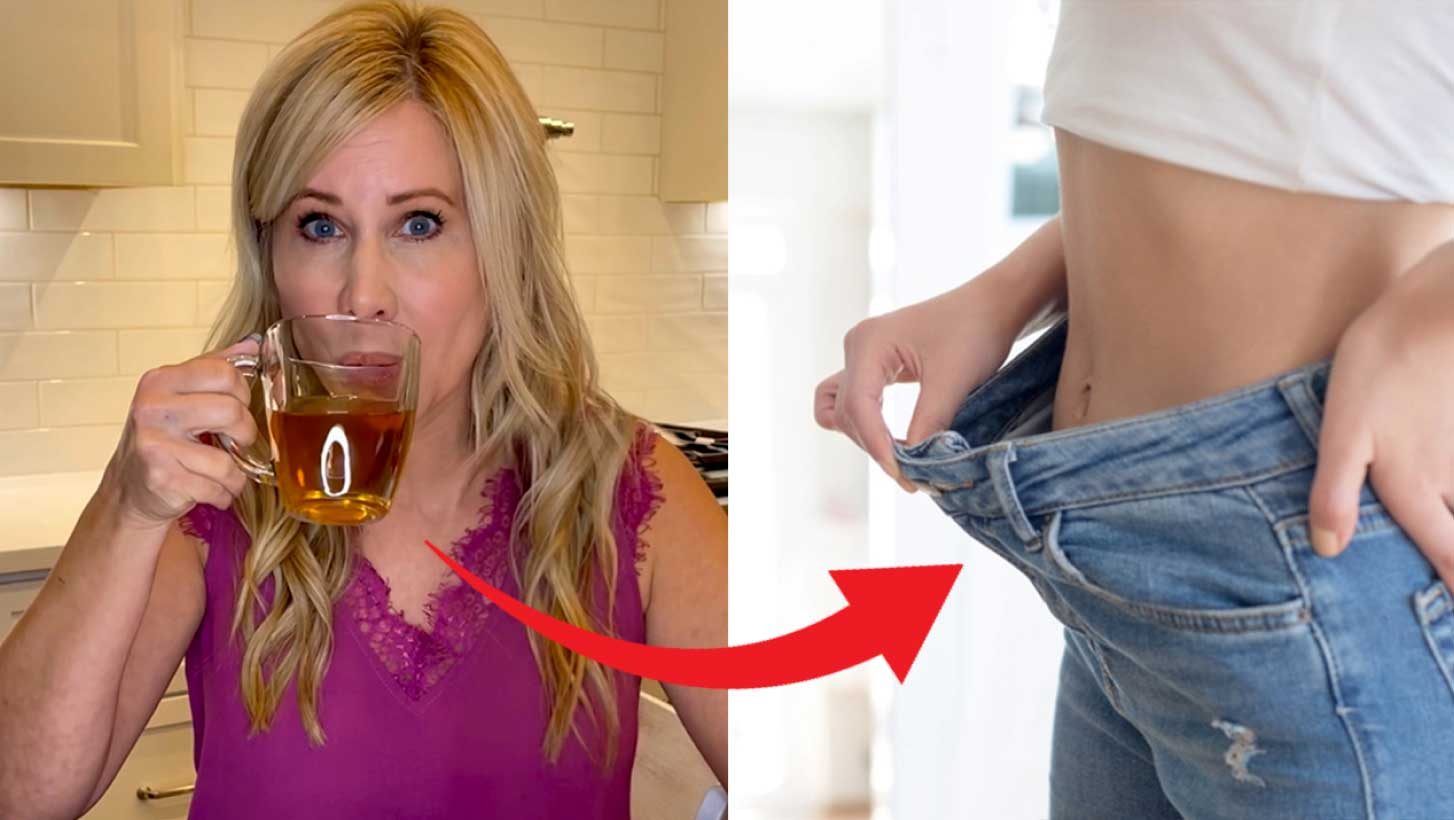 Split image of a woman drinking detox tea and then easily buttoning loose jeans, showing a slimmer less bloated stomach