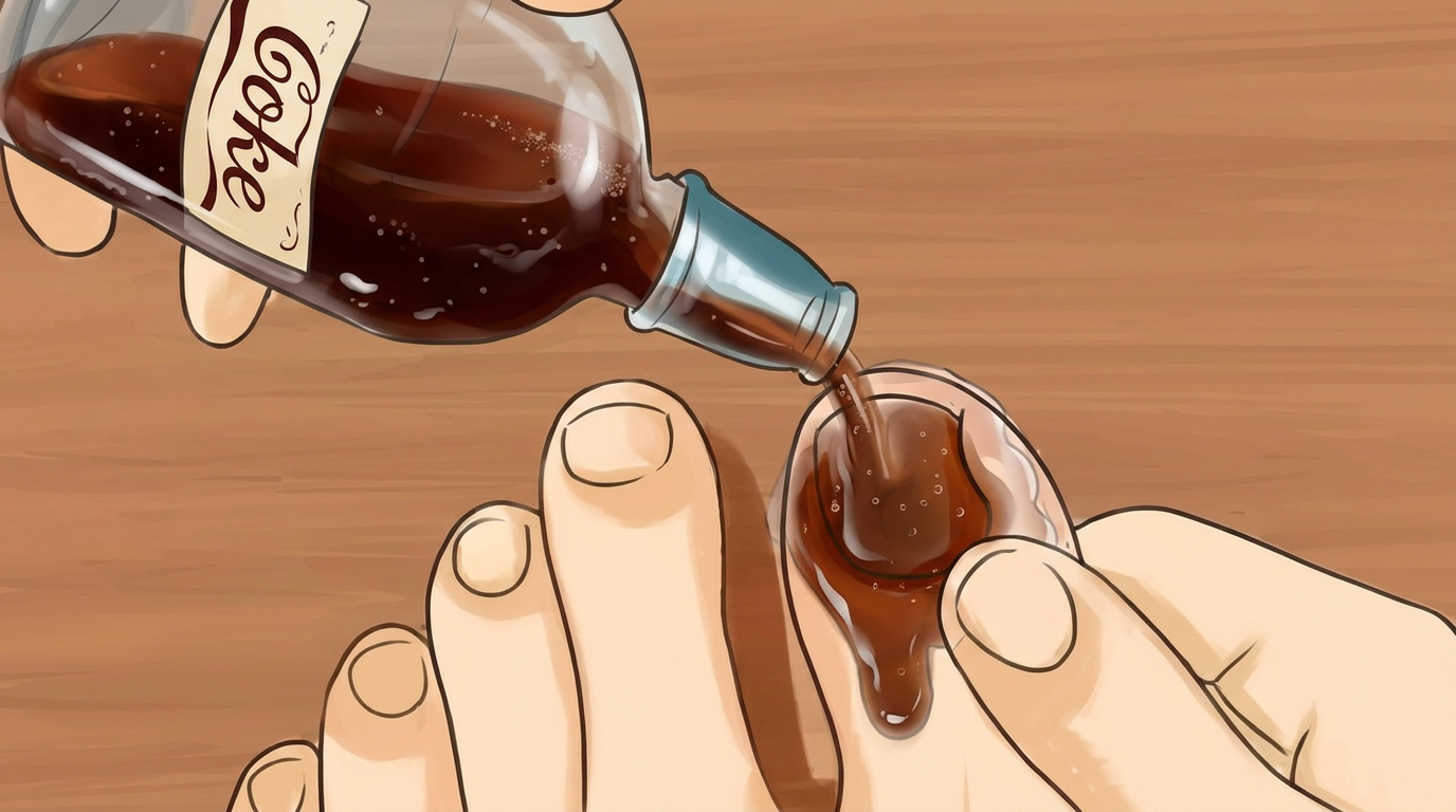 Coke being poured from a bottle onto a toenail to treat foot fungus