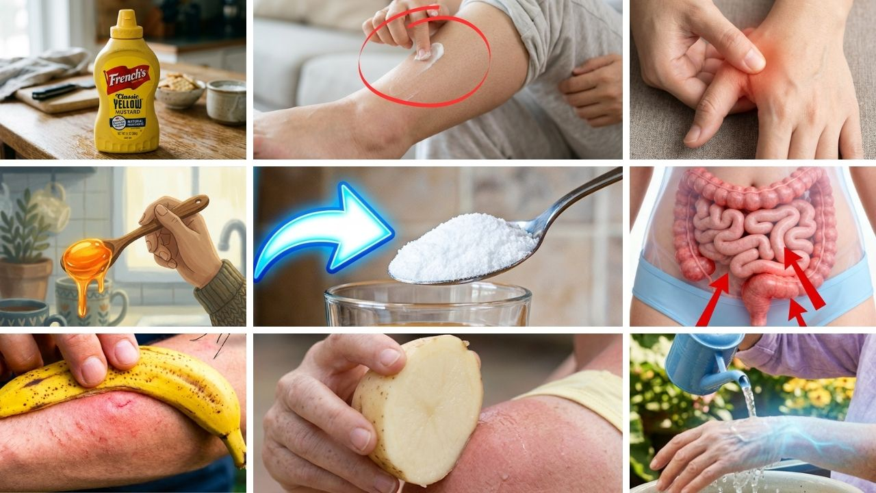 Grid of photos illustrating the life hacks: yellow mustard, a banana peel on skin, a honey spoon, baking soda, and more