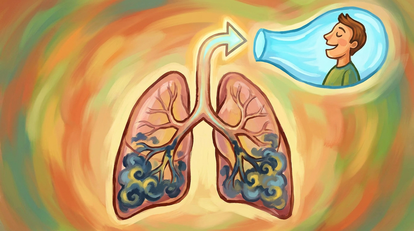 Illustration of congested lungs with dark mucus buildup, with an arrow showing clear airways leading to a man breathing freely