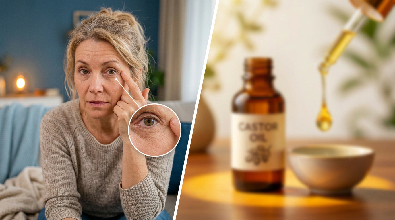 Woman pointing at wrinkles around her eye next to a bottle of castor oil with a dropper