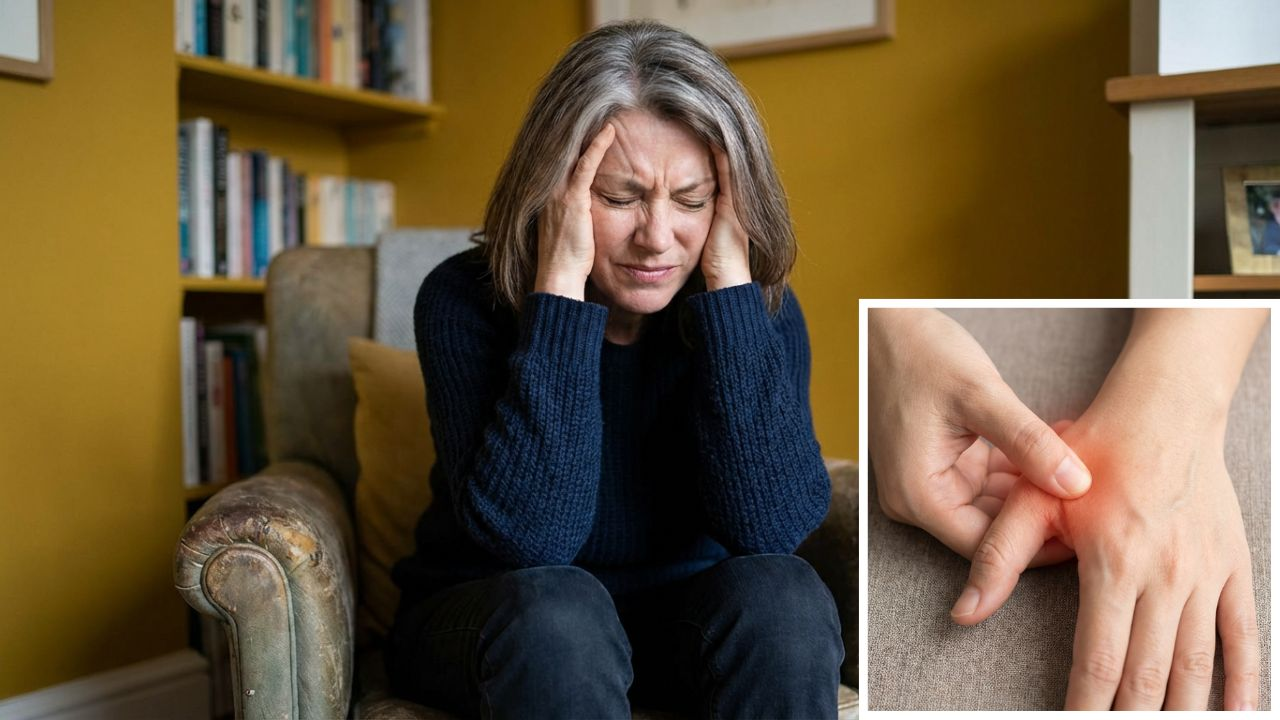 A woman holding her temples with a headache, with a close-up of a thumb pressing the webbing between the thumb and index finger of a hand