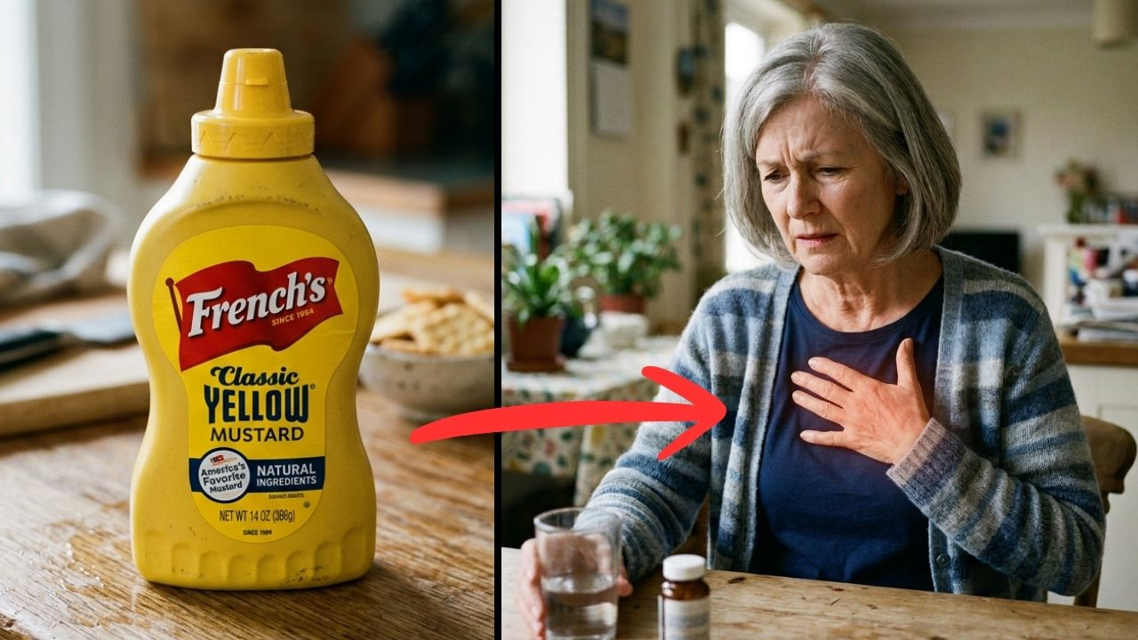 A bottle of yellow mustard next to a woman holding her chest with heartburn discomfort