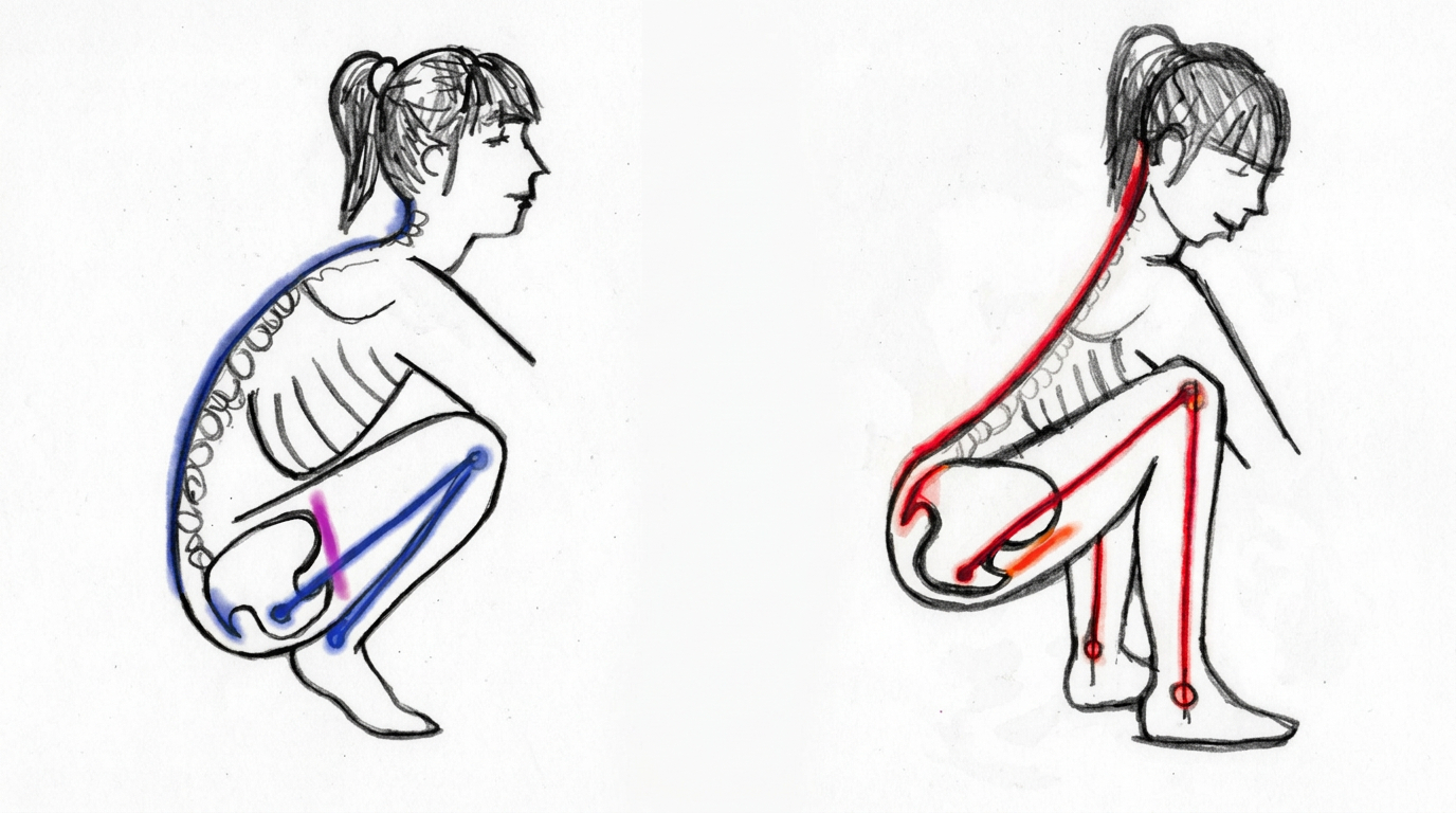 Side-by-side illustration comparing a deep squat with poor posture straining the pelvic floor and a corrected squat that relieves pressure
