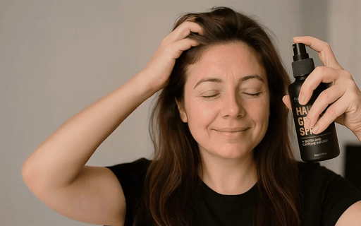 HaloGrow hair regrowth spray demonstration showing application to thinning hair
