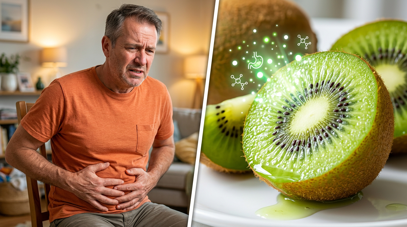 Split image of a man holding his stomach in discomfort next to a fresh kiwi with stomach icons