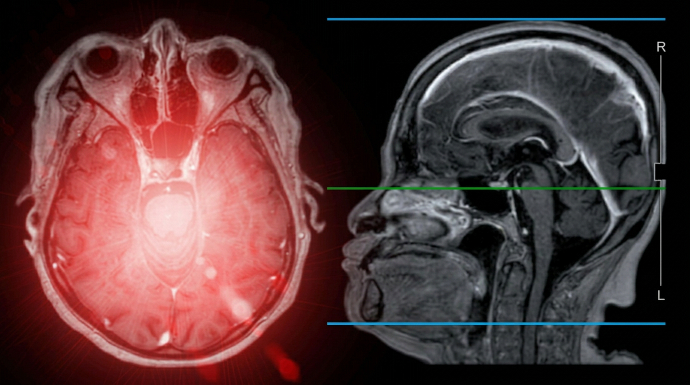 Split image of brain scan views: a red-highlighted cross-section of the brain and a side profile MRI scan